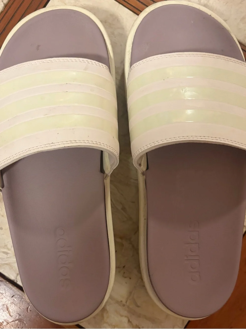 adidas Women’s Lavender Slide Sandals with White Stripes